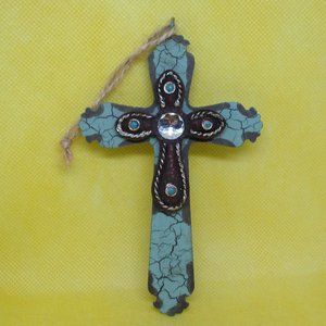 Metal Crackle Paint Rhinestone Cabochon Resin Wall Hanger Metal Cross Turquoise